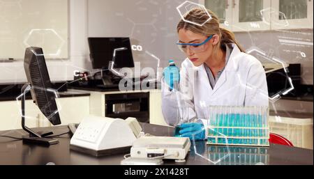 Image of chemical formulas over caucasian female lab worker Stock Photo