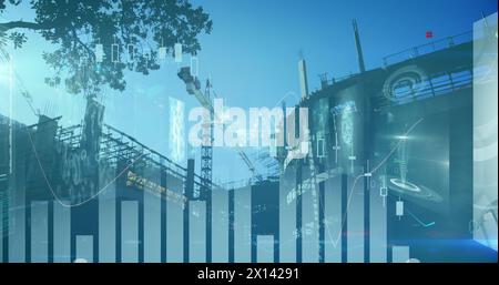 Digital image of moving graphs, coding and binary data, dna helix over construction site Stock Photo