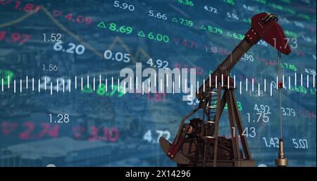 Image of financial graphs over refinery pump Stock Photo