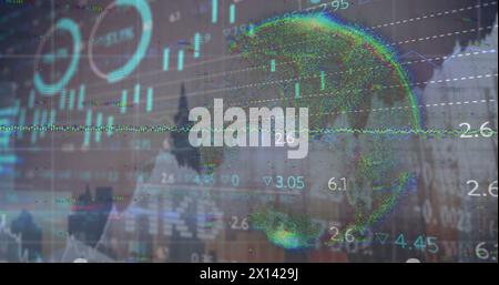 Image of graphs and financial data over globe on grey background Stock Photo