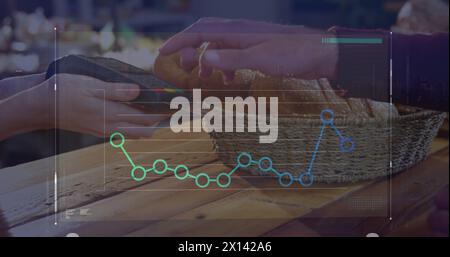 Image of data processing with graph over diverse people paying with credit card Stock Photo