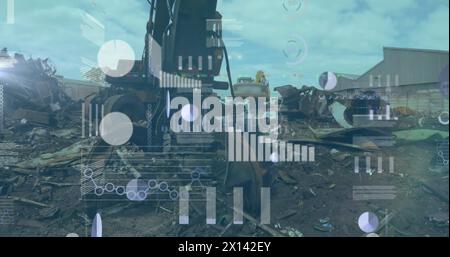 Image of graphs and charts processing data over industrial construction site Stock Photo