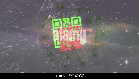 Image of red and green qr codes over networks of communication and lights on dark background Stock Photo