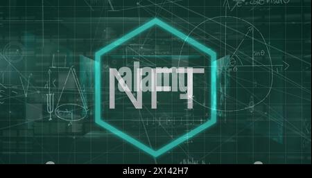 Image of nft text over network of connections and data processing with mathematical equations Stock Photo
