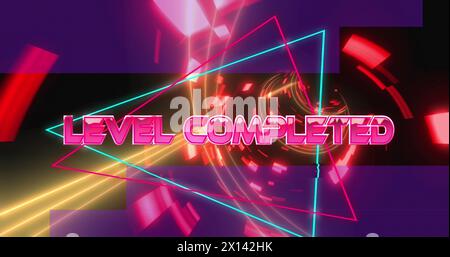 Image of level completed text over neon tunnel Stock Photo