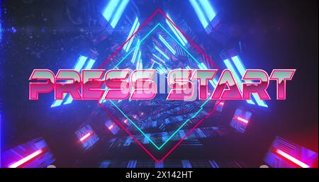 Image of press start text over neon tunnel Stock Photo