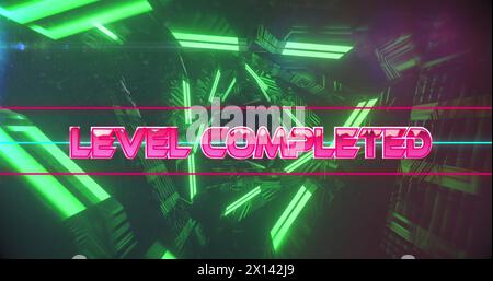 Image of level completed text over neon tunnel Stock Photo