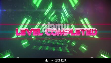 Image of level completed text over neon tunnel Stock Photo