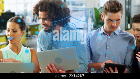 Image of lock and shield with rays and dots over diverse coworkers discussing over technologies Stock Photo