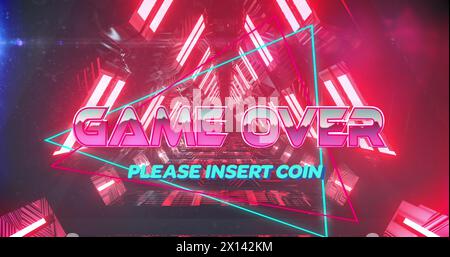 Image of game over please insert coin text over neon tunnel Stock Photo