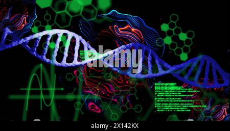 Image of dna strands with data processing over chemical structures Stock Photo