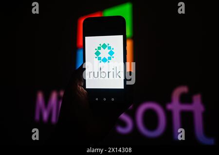 Poland. 15th Apr, 2024. In this photo illustration, a Rubrik logo is displayed on a smartphone with Microsoft on the background. (Photo by Omar Marques/SOPA Images/Sipa USA) *** Strictly for editorial news purposes only *** Credit: Sipa USA/Alamy Live News Stock Photo