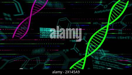 Image of dna strands with data processing over chemical structures Stock Photo