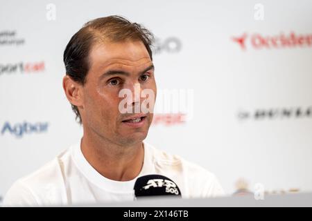 Barcelona, Spain. 15th Apr, 2024. Rafa Nadal holds a press conference to explain his feelings about what will be his last God- ATP 500 tournament. Rafa Nadal ofrece una rueda de prensa para explicar sus sensaciones en lo que ser‡ su œltimo torneo de God- ATP 500. in the pic: rafa nadal News Sports -Barcelona, Spain Monday, april 15, 2024 (Photo by Eric Renom/LaPresse) Credit: LaPresse/Alamy Live News Stock Photo