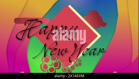 Image of happy new year text over shapes Stock Photo