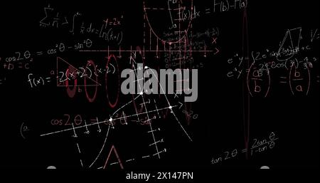 Image of mathematical equations over scope scanning on black background Stock Photo