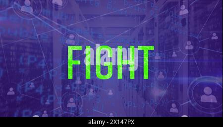 Image of fight text and network of connetcions with data processing over server room Stock Photo