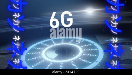 Image of scope scanning and 6g text over chinese symbols Stock Photo