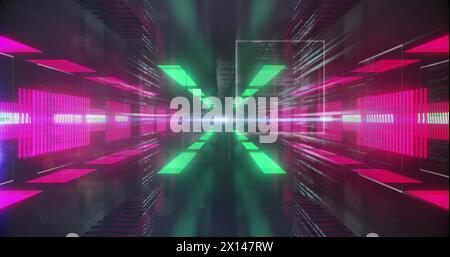 Image of screens with data processing over neon tunnel in seamless pattern Stock Photo
