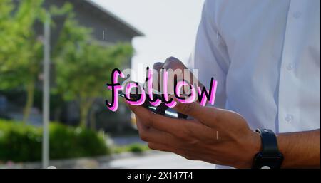 Image of follow text and data processing over biracial man using smartphone Stock Photo