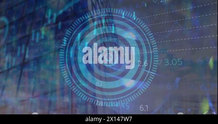 Image of scope scanning and data processing over cityscape Stock Photo
