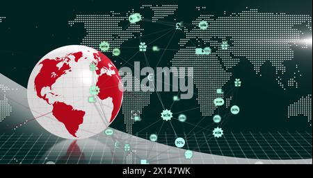 This image shows a digital interface with a globe of network connections and online shopping icons o Stock Photo