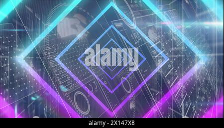 Image of gradient tunnel in seamless pattern over screens with data processing Stock Photo