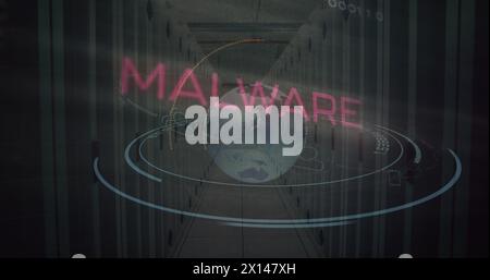 Image of malware text and data processing over computer motherboard and servers Stock Photo