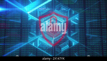 Image of security padlock icon over blue tunnel in seamless pattern against binary coding Stock Photo