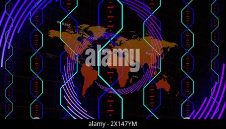 Image of abstract shapes and light trails spinning over world map against black background Stock Photo
