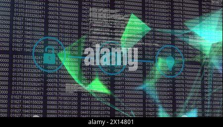 Image of network of digital icons and plexus networks against binary coding data processing Stock Photo