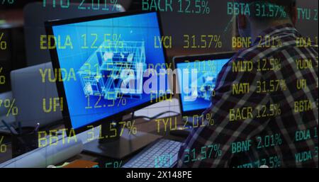Composite of financial data processing over businessman using computer in office Stock Photo