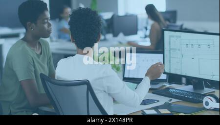 Image of data processing over diverse business people in office Stock Photo