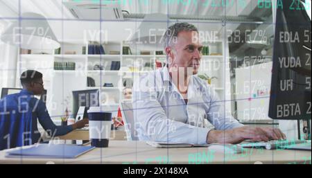 Composite of financial data processing over businessman using computer in office Stock Photo