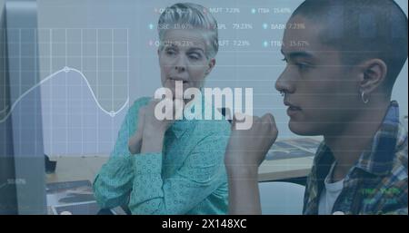 Image of trading board, graph over diverse coworkers discussing reports over computer in office Stock Photo