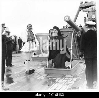 REGENT OF GREECE REVIEWS GREEK FLEET - Archbishop Damaskinos comes on deck after lunching on board the 'Averof' , British Army Stock Photo