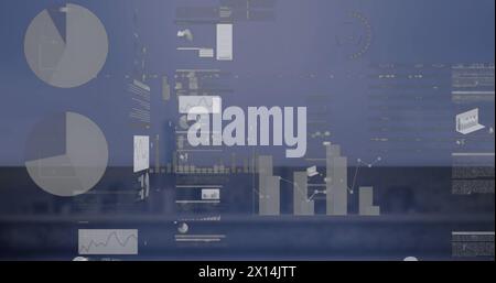 Image of infographic interface over modern cityscape against clear sky Stock Photo