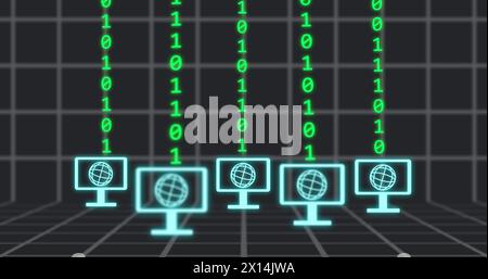 Image of cloud icon and digital screens over binary coding Stock Photo