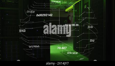 Networks and data processing over green lit, dark computer server room Stock Photo
