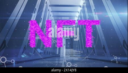 Pink nft text and networks moving over computer server room Stock Photo