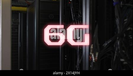 Image of 6g text banner against empty computer server room Stock Photo