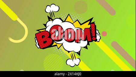 Image of retro boom text and abstract shapes moving over green background Stock Photo