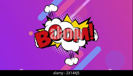 Image of retro boom text and abstract shapes moving on over purple background Stock Photo