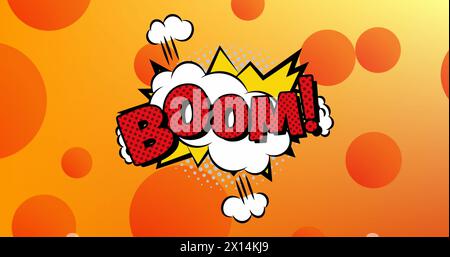 Image of retro boom text and abstract shapes moving on over orange background Stock Photo