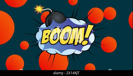 Image of retro boom text and abstract shapes moving on over dark background Stock Photo