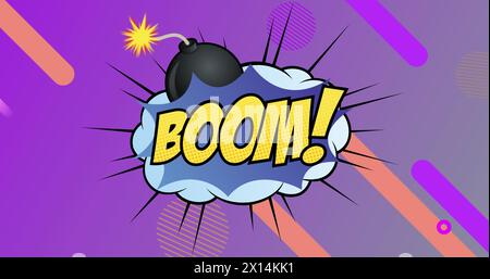 Image of retro boom text and abstract shapes moving on over purple background Stock Photo