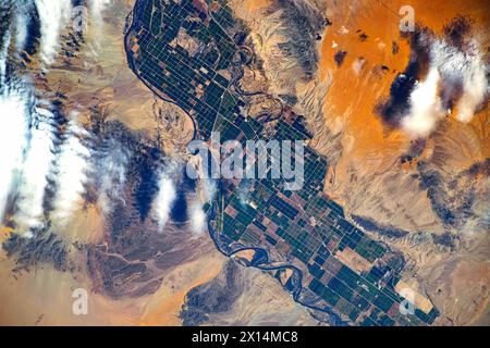 Land features in the border between Arizona and California. Digital enhancement of an image by NASA Stock Photo