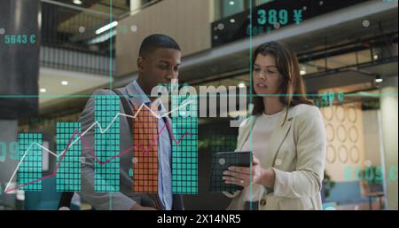 Image of financial data processing over diverse businesspeople in office Stock Photo