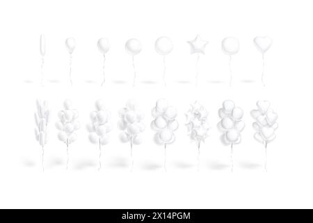 Blank balloon single and bouquet mockup, different shapes, isolated, 3d rendering. Empty star, heart, long, sphere, round decor ballon composition moc Stock Photo