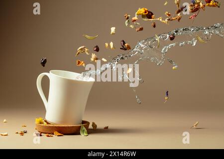 Herbal tea with medicinal herbs and flowers. White mug with water splashes and flying dried medicinal herbs. Concept of herbal medicine. Stock Photo